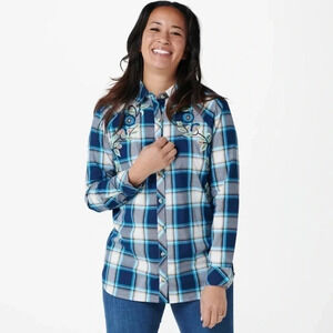 Tolani Blue Plaid Floral Embroidered Button Down Top Size XL NWT